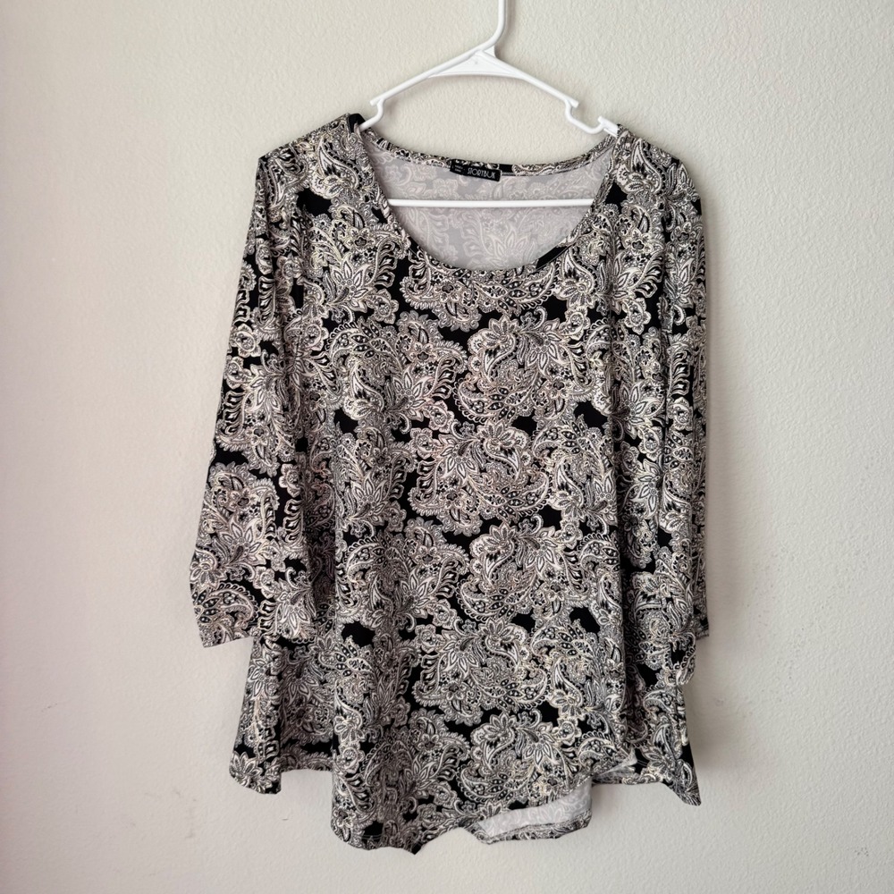 Storybuk‎ Womens Large Black White Gold Paisley 3/4 Sleeve Scoop Neck Blouse Top
